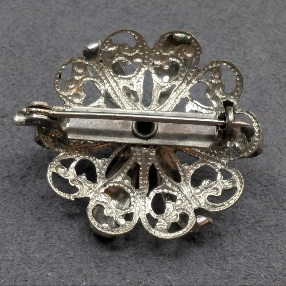 Vintage Silver Tone Floral Brooch with Turquoise Cabochon Center